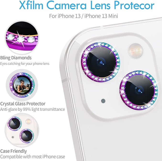 for iPhone 13/13 Mini Camera Lens Protector Bling Diamond, Colorful | Individual Metal, 9H Hardness, Scratch Resistant, Shockproof, Drop Protection, Case Friendly, Stylish Accessories - Image 4