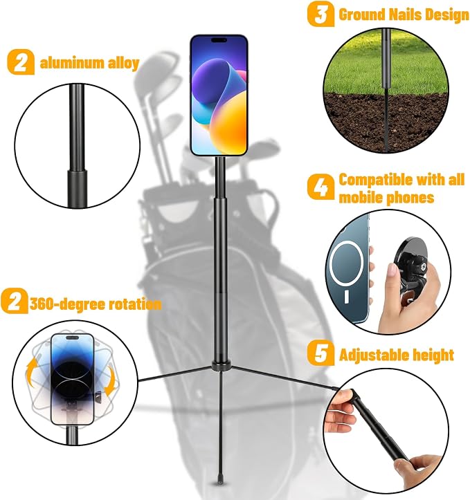 Golf Tripod & Monopod,Golf Swing Phone Holder,47.6" Magnetic Adjustable Aluminum Alloy Selfie Stick,Record Golf Swing and Training Aid,w/Spike Stake Mount,Compatible with All Phone Camera GoPro - Image 4