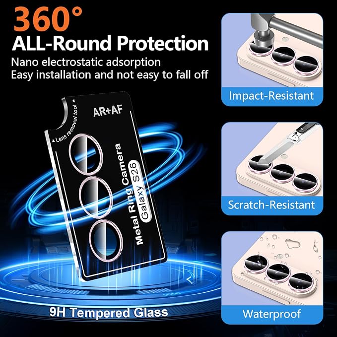 for Samsung Galaxy S26 Camera Lens Protector, Individual Metal Ring Tempered Glass Lens Cover, [Strong Adsorption] Scratch Resistant Ultra-Thin HD Clear Lens Cover, 1 Set-Pink Ring - Image 2