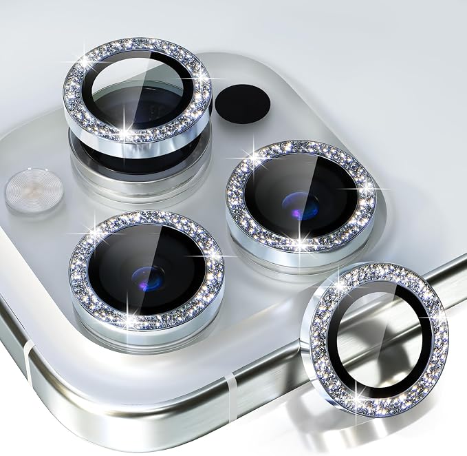 Choiche for iPhone 15 Pro/iPhone 15 Pro Max Camera Lens Protector | Ultra HD, Bling 9H Tempered Glass Camera Cover Screen Protector Metal Ring Decoration Accessories (Glitter-Silver) by Choiche
