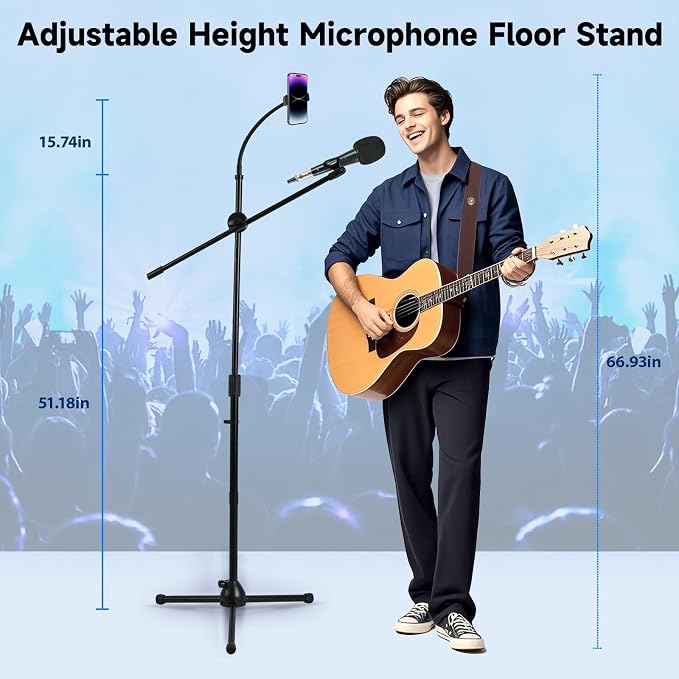 Microphone Floor Stand, Mic Stand Floor with Phone Holder Height Adjustable, Heavy-duty Tripod Stable Stand with Boom Arm Dual Device Mount for Streaming, Podcasting, Recording, and Live Performances - Image 2
