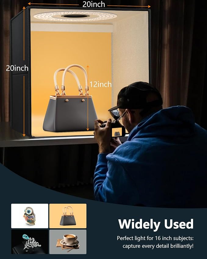 Light Box Photography 20" x 20", Large Portable Photo Studio Light Tent kit, Professional Dimmable Photo Booth with 216 LED Lights & 6 Backdrops for Jewelry and Food Items Product Photography - Image 6