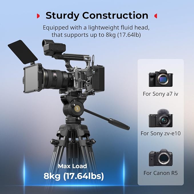 SMALLRIG 73''/186cm Heavy Duty Aluminum Alloy Video Tripod, Max Load 8kg (18lbs), Fluid Head with +85° to -78 Tilt Range, Compact Travel Tripod Weight 3.1kg(6.8lbs), Folded Height 88cm, AD-14 - Image 2