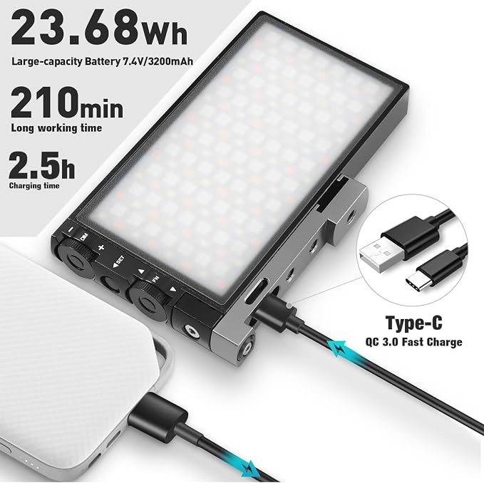 Pixel G1s RGB Video Light with APP Control, 12W 210 Minutes Rechargeable Battery LED Camera Light, 10 Common Lighting Effects, CRI≥97 2500-8500K LED Video Light with Aluminum Alloy Body - Image 3