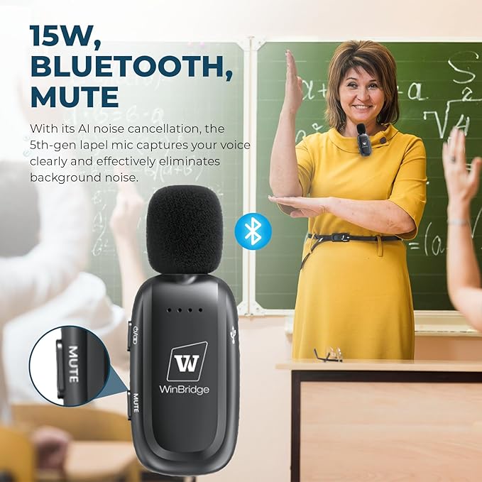 WinBridge Wireless Voice Amplifier with Clip-On Lapel Mic for Teachers | 15W Portable PA System with Bluetooth, 12H+ Battery, Auto-Pairing , Instant Mute, Ultra-Light Lavalier Microphone WB005 - Image 2