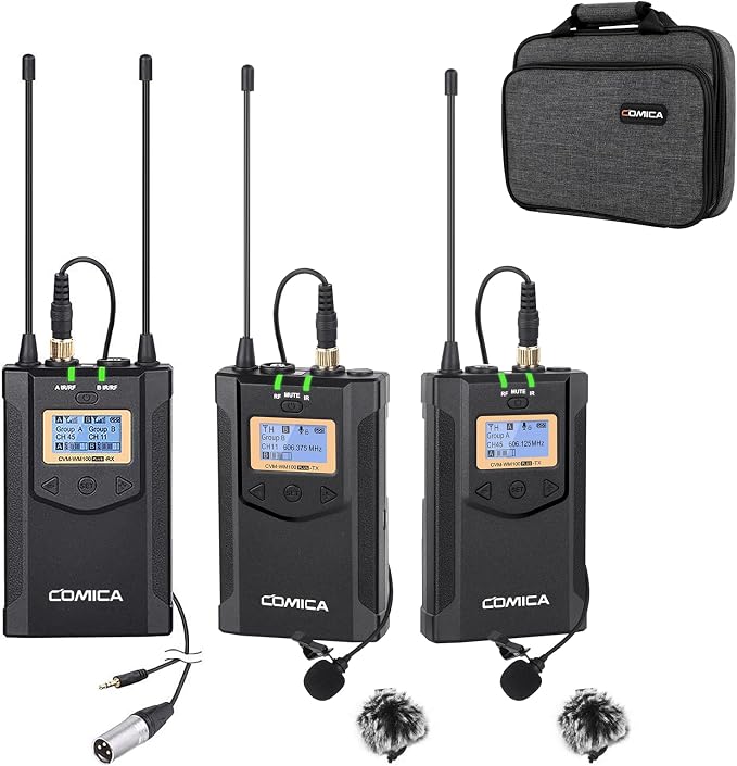 COMICA CVM-WM100PLUS UHF Wireless Lavalier Microphone for Camera Smartphone | 48 UHF Selectable Channel, Noise Cancellation, 160ft Stable Range, Dual Lapel Mic for YouTube TikTok Vlog Interview Stream by COMICA