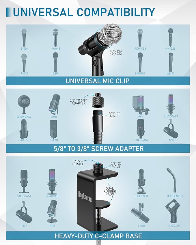 KC32 13-Inch Gooseneck Mic Stand, Heavy-Duty Desk Clamp for Podium | Flexible Arm Microphone Holder, Lectern Mount, 5/8-27 Thread, 3/8-16 Adapter, Mic Clip, Podcast, Pulpit, Studio, 3.2 lb Load - Image 3