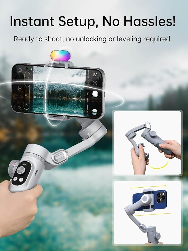 AOCHUAN iPhone Gimbal, 3-Axis Gimbal Stabilizer for Smartphone w/RGB Magnetic Fill Light Portable with Fous/Zoom Wheel for Vlog, Compatible with iPhone 15 Pro Max/Android-Smart X Pro Kit Gray - Image 9