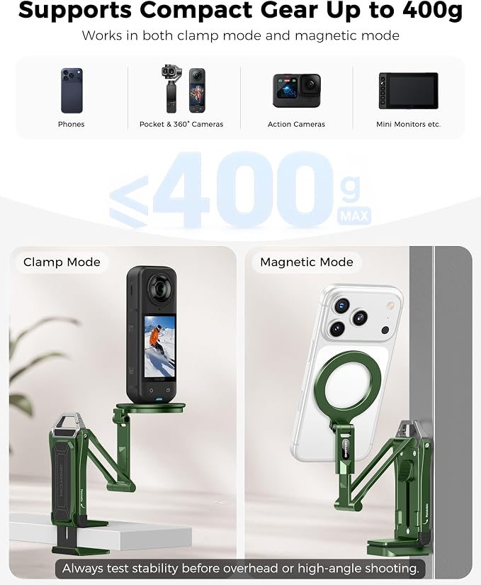 OMOTON TP02-Ultra Multi-Device Camera & Phone Mount with 1/4" Adapter Green | Built-In 1/4" & Arca Base, Clamp, Magnetic & Tripod Setups for iPhone, Pocket/Action Cameras, Overhead & Low-Angle Filming - Image 7