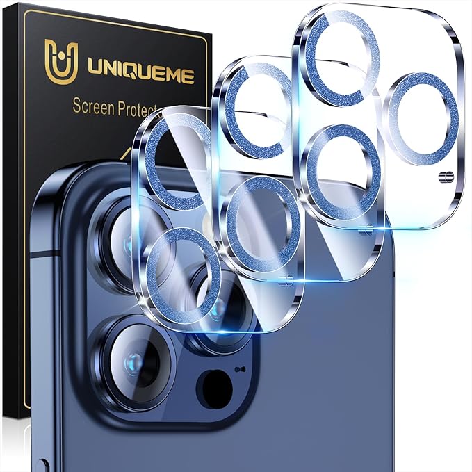 UniqueMe for iPhone 15 Pro/15 Pro Max Camera Lens Protector-Glitter Blue | 3 Pack, Drop Protection, Case Friendly, 9H+ Tempered Glass, Camera Cover Screen, Update New Version by UniqueMe