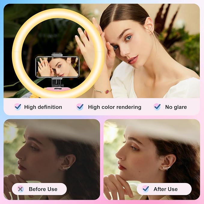 Aureday 14'' Pink Selfie Ring Light with 62'' Tripod Stand and Phone Holder, Dimmable LED Phone Ringlight for Makeup/Video Recording/Photography, Circle Lighting for Cell Phones&Lightweight Cameras - Image 2