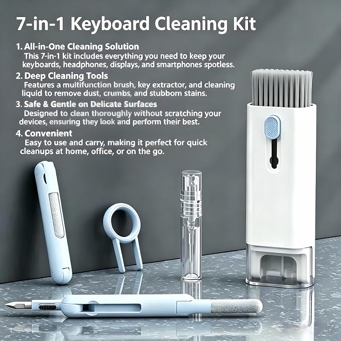 Keyboard Cleaning kit - 7 in 1, Keyboard Cleaner, Multifunction Brush with Key Extractor for Headphones, Keyboards, displays and Smartphones (with Cleaning Liquid Included) - Image 2