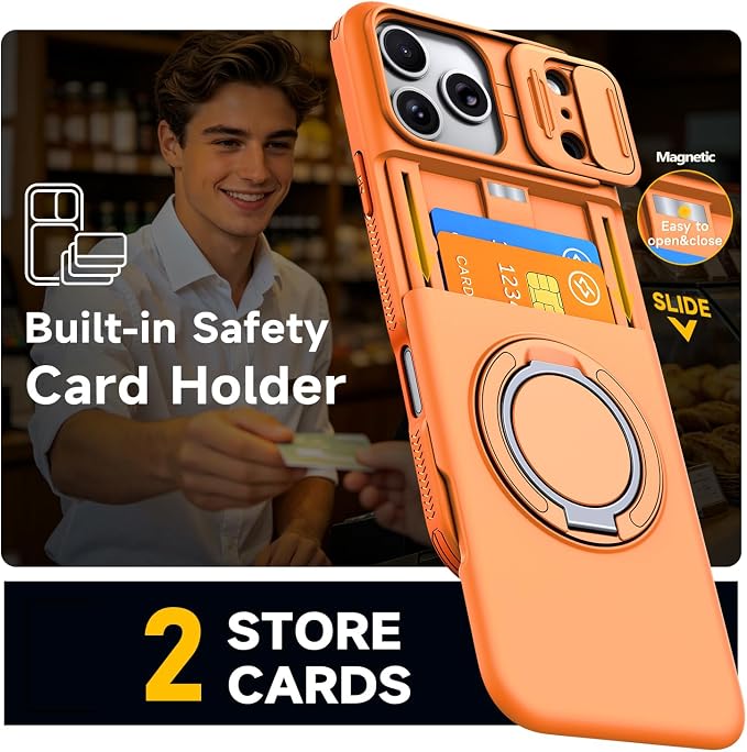 for iPhone 17 Pro Wallet Case with Card Holder Slide Camera Cover Ring Stand Kickstand Heavy Duty Protective Case with Screen Protector for iPhone 17 Pro (Orange) - Image 3