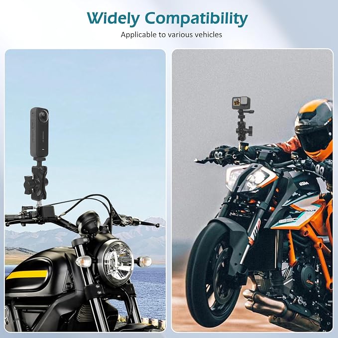 Camera Mount with 360°Dual Ball Head, Motorcycle Handlebar Mounting Bundle Kit for lnsta360 X5/X4/X3/ Gopr0//LED Light, 1/4"-20 & Tripod Adapter, Action Camera Mount Adapter for M8 Hole Base,75018 - Image 7