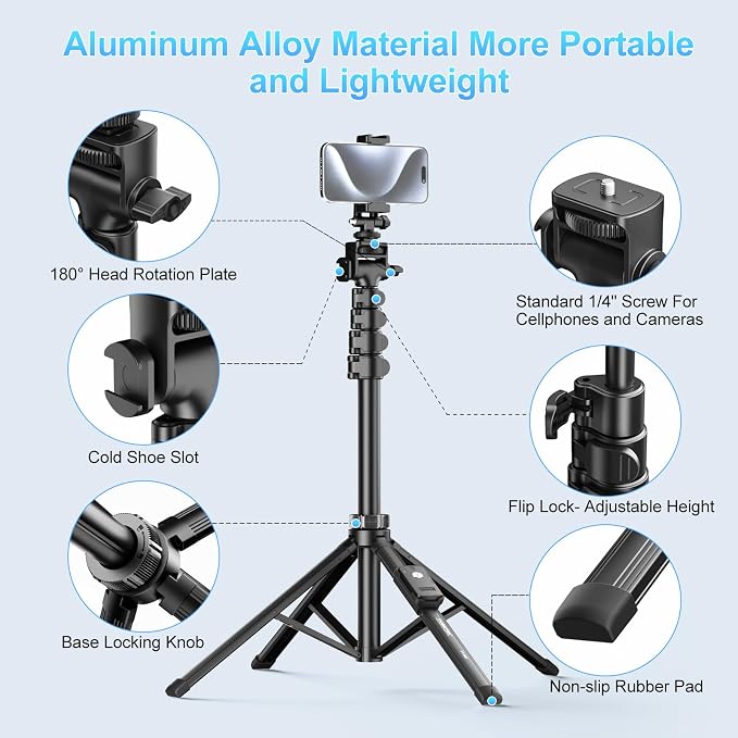 Fugetek 62" Professional Cell Phone Tripod, Ultra Stable 4 Leg Design, Bluetooth Remote, 100% All Aluminum Stick & Legs, Portable All in One, 360° Phone Mount with 2 Cold Shoe Slots, Non Skid Feet - Image 3