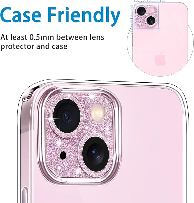 Compatible with iPhone 15 & iPhone 15 Plus Camera Lens Protector, Bling 3D Rhinestone Diamond 9H Tempered Glass Camera Cover Anti Scratch Shockproof Lens Screen Full Protective Cover - Pink - Image 6