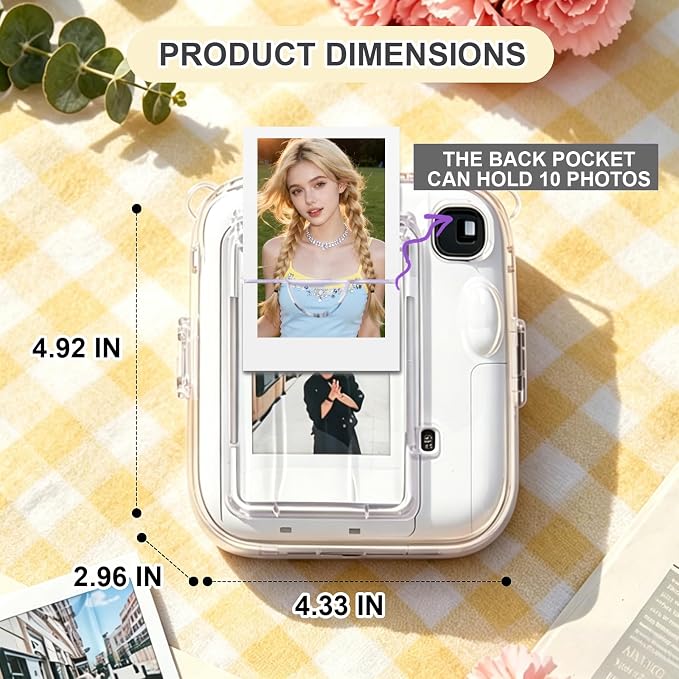 Clear Camera Case for Fujifilm Instax Mini 13, Grey Camera Strap | Protective Cover with Anti-Accidental Shutter, 4 Composition Cards, Photo Storage Holds 10 Films,Clear Hard Shell, No Camera - Image 2