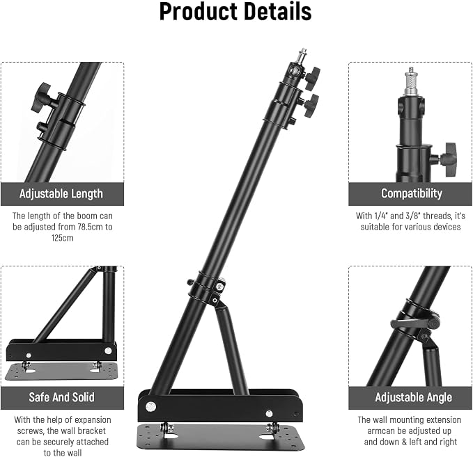 NEEWER Wall Mounting Triangle Boom Arm for Photography Light, Strobe | For Monolight, Softbox, Umbrella, Reflector, Ring Light, Supports 180 Degree Rotation, Max Length 4 Feet/125cm, Black - Image 8