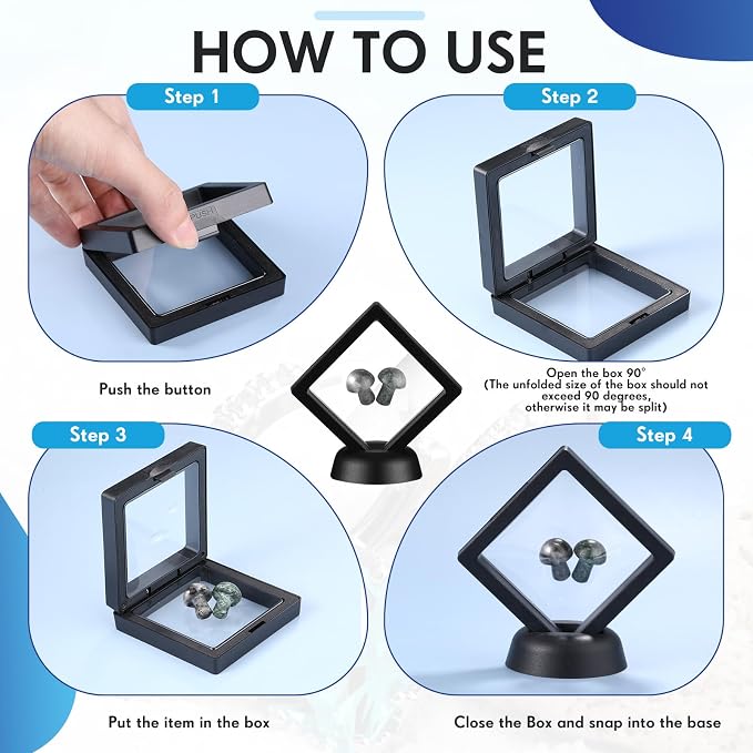 FairySandy 60 Pcs Floating Display Case Box, 2.76 Inch, White, Black | 3D Floating Frames with PE Film for Challenge Coin, medal, Jewelry Storage Box, Small Display Holder, Stand Base Included - Image 3