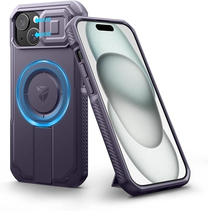 Dexnor for iPhone 15 Case with Slide Camera Cover & Adjustable Kickstand, Compatible with MagSafe, Rugged Shockproof Bumper Cases Heavy-Duty Magnetic Protective Cover,6.1 inch,Phantom Purple by Dexnor