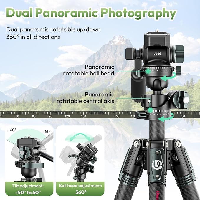 ULANZI JJ06 GlideGo Carbon Fiber Video Tripod, 73.6in, 11lb Load | Dual 360° Pan Head, Portable Lightweight Pro Carbon Fiber, UKA Quick Release, Professional Travel Tripod, with Bag - Image 3