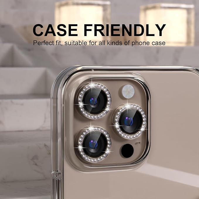 Choiche for iPhone 16 Pro/iPhone 16 Pro Max Camera Lens Protector | Ultra HD, Bling 9H Tempered Glass Camera Cover Screen Protector Metal Ring Decoration Accessories (Diamond-Titanium Desert) - Image 4