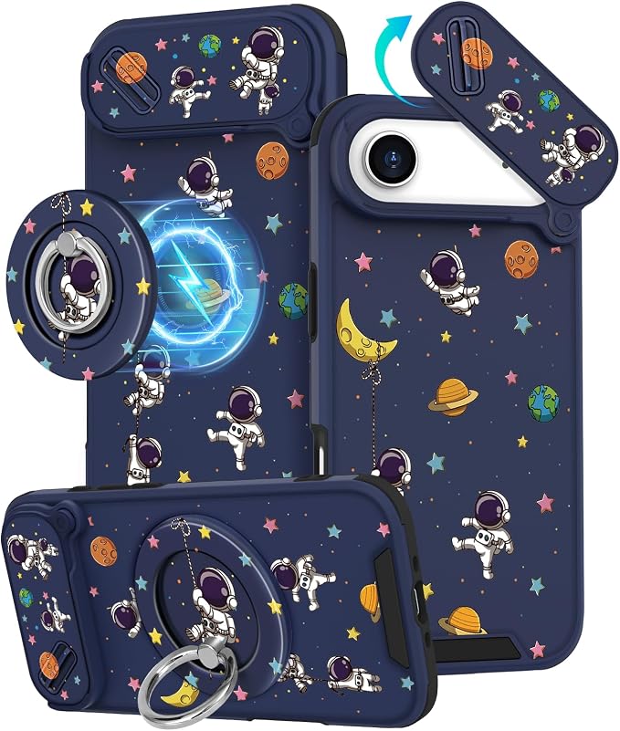 Buleens for iPhone 17 Air Case 6.5 Inch - with Ring Stand & Camera Cover Aesthetic Cute Designed for Women Girls Girly Cartoon Astronaut Phone Case for iPhone 17 Air Compatible with Magsafe by Buleens