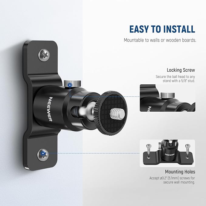 NEEWER 2 Pack T Type Wall Ceiling Mount, Ring Light Wall Mount Bracket with Detachable Ball Head, 5/8" Stud, 1/4" Screw for Flash Strobe Camera Monitor Studio Lighting, Max Load: 4.4lb/2kg, TS008 - Image 2