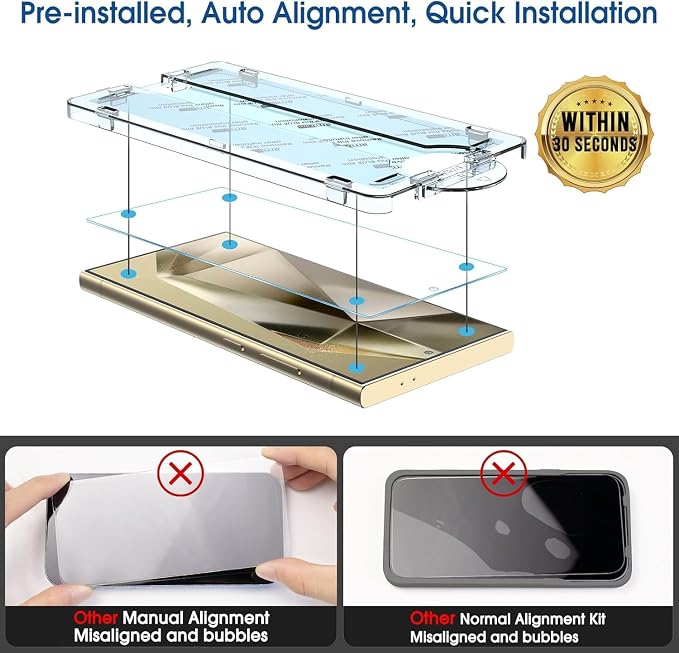 amFilm OneTouch for Samsung Galaxy S24 Ultra Screen Protector TemperedGlass | Auto-Alignment, 30s Install, Bubble Free, Scratch & Drop Protection, HD Clear, Camera Lens Protector, 2+2 Pack (S24U-6.8'') - Image 3