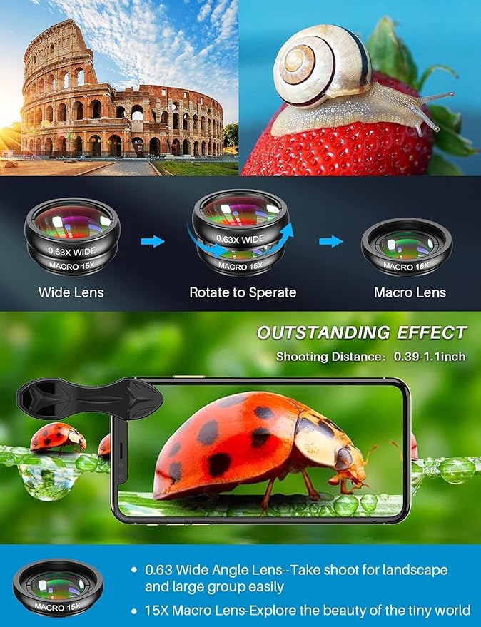 MIAO LAB 10 in 1 Phone Camera Lens Kit - Wide Angle Lens & Macro Lens+Fisheye Lens+2X Telephoto Lens+CPL/Flow/Radial/Star+Kaleidoscope 3/6 Lens for iPhone Samsung Sony and Most of Smartphone - Image 2