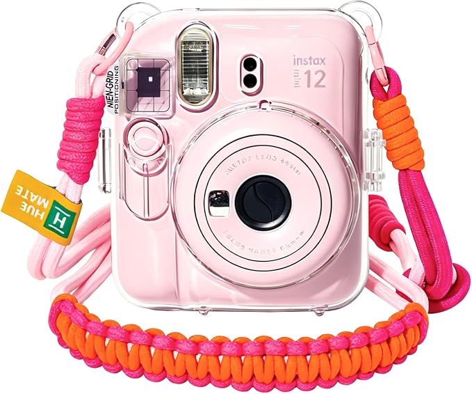 Clear Camera Case for Fujifilm Instax Mini 12, Pink Camera Strap | Protective Cover with Anti-Accidental Shutter, 4 Composition Cards, Photo Storage Holds 10 Films, Clear Hard Shell, No Camera by Huemate