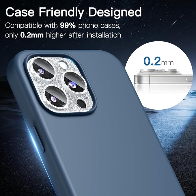[2 Pack] Bling Camera Lens Screen Protector for iPhone 16 Pro/16 Pro Max with 9H Tempered Glass Aviation Aluminum Plate Cover Metal Ring,Night Circle,No Bubble,HD Clarity,Easy Installation-Glitter Silver - Image 6