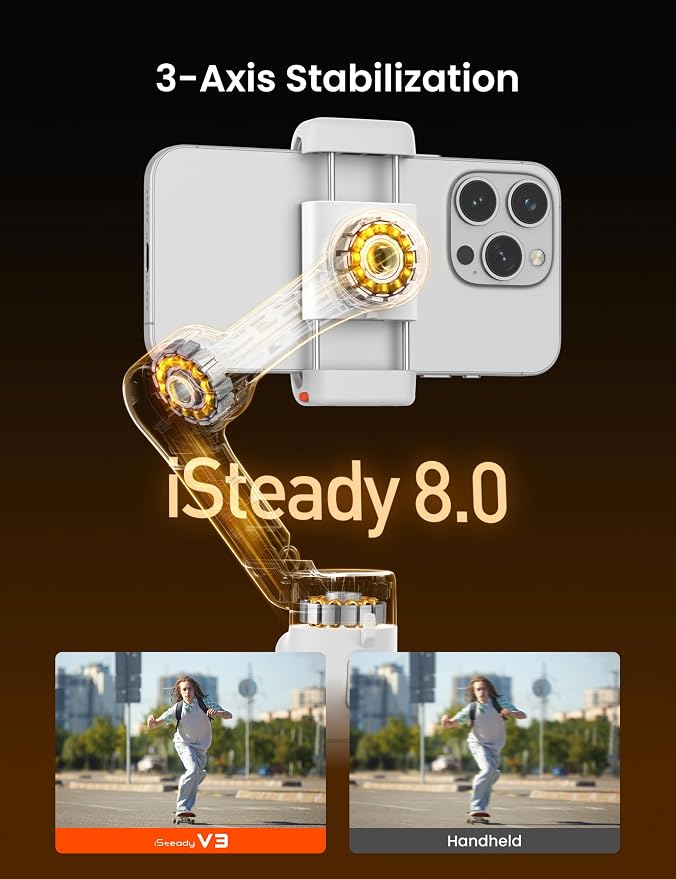 Hohem iSteady V3 Phone Gimbal Stabilizer, Magnetic AI Tracking Sensor with Fill Light, Detachable Remote Control, Built-in Extension Rod and Tripod, Foldable 3-axis Stabilization Gimbal, White - Image 6