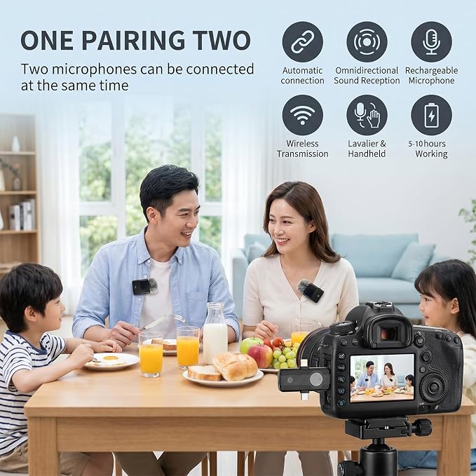DORNLAT Wireless Lavalier Microphone, 3 in 1 Plug Play Lapel Mic for iPhone/Android/Camera, Noise Cancelling, Mini Compact Lavalier Mic for Vlog, YouTube, TikTok, Live Streaming, Record Interview - Image 6