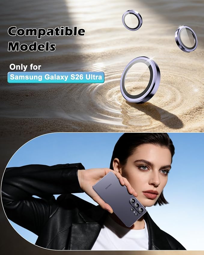 CloudValley for Samsung Galaxy S26 Ultra Camera Lens Protector | 9H Tempered Glass + Aluminum Alloy Lens Protective Ring Ultra-HD Individual Lens Cover,Purple - Image 2
