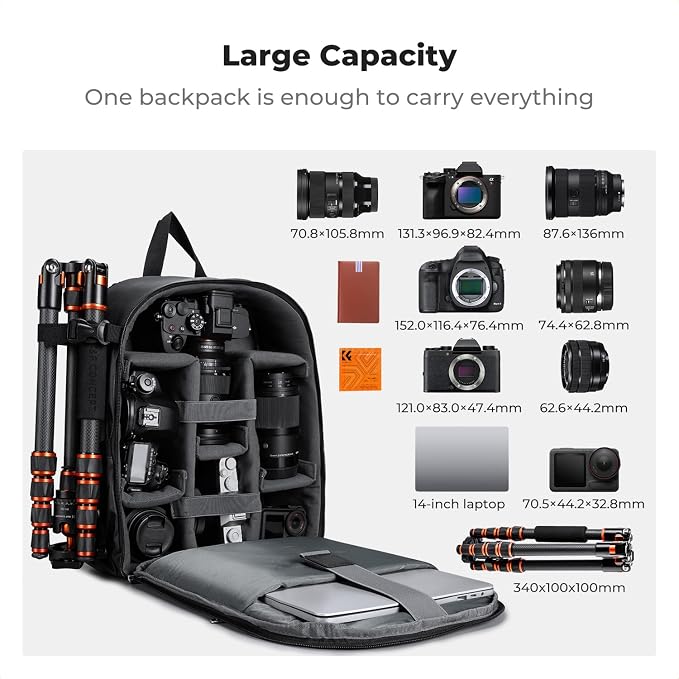 K&F CONCEPT Camera Backpack, Lightweight Camera Bag with Tripod Holder | Professional Bag for DSLR/SLR Mirrorless, with 14in Laptop Compartment & Rain Cover, Men & Women, for Sony Canon Nikon, B19 - Image 3