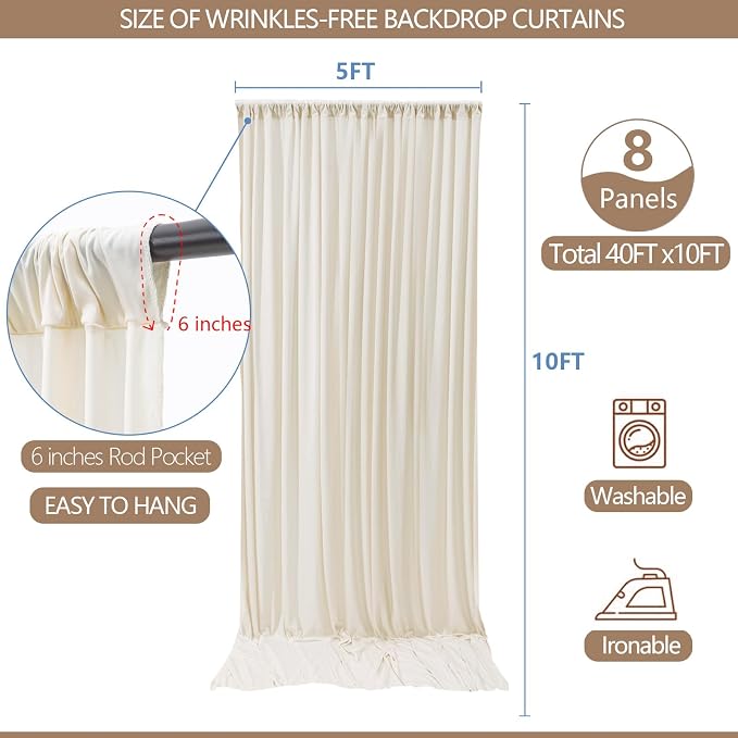 ESGOTBME 40x10ft Wrinkle Free Ivory Backdrop Curtain for Parties Soft Polyester and Nylon Fabric Drapes Wedding Birthday Party Decorations Background for Photography 5x10ft,8 Panels - Image 4