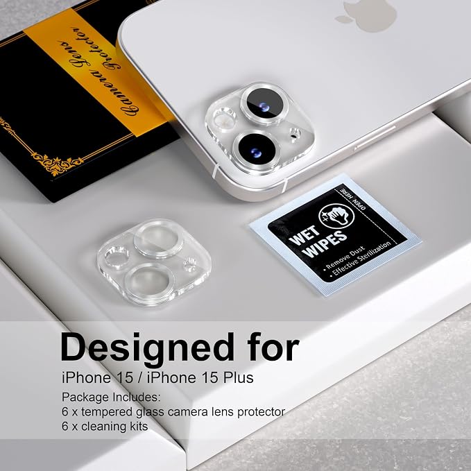 for 6 Pack iPhone 15 / iPhone 15 Plus Camera Lens Protector [Drop Protection] [Case Friendly] [Easy Installation] 9H Tempered Glass Camera Screen Protector Cover Accessories, CD Silver - Image 2