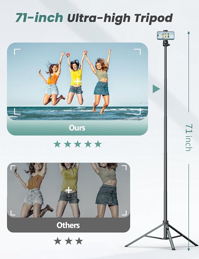 71''/180cm Extendable Phone Tripod Aluminum, Portable Stand for Video Recording, Travel Tripod for iPhone/Cell Phone/Camera Video Light, Compatible with Smartphones, DSLR - Image 2