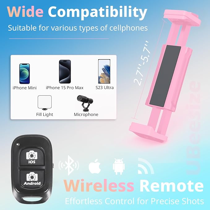 UBeesize 88’’ Flexible Phone Tripod with 14.95’’ Gooseneck, Remote and Phone Holder, Overhead Cell Phone Stand＆Selfie Stick for Video Recording, Compatible with iPhone Android Phone, Camera Pink - Image 4