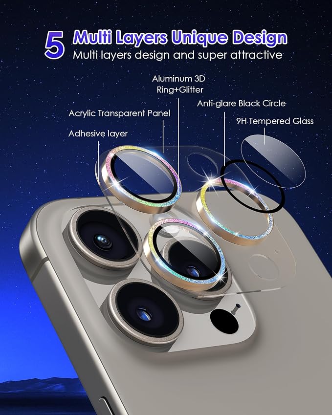 Compatible for iPhone 15 Pro/iPhone 15 Pro Max Glitter Camera Lens Protector, Clear Acrylic Plus Aluminium Alloy Ring 9H Tempered Glass Screen Camera Cover, Gold+Colorful - Image 3