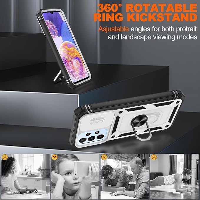 Gritup for Galaxy A23 5G Case Military-Grade Shockproof with Kickstand | (   ) with 2 PCS Screen Protector, Slide Camera Cover, Heavy Duty Funda para A 23 5G Cover, White+Black - Image 8