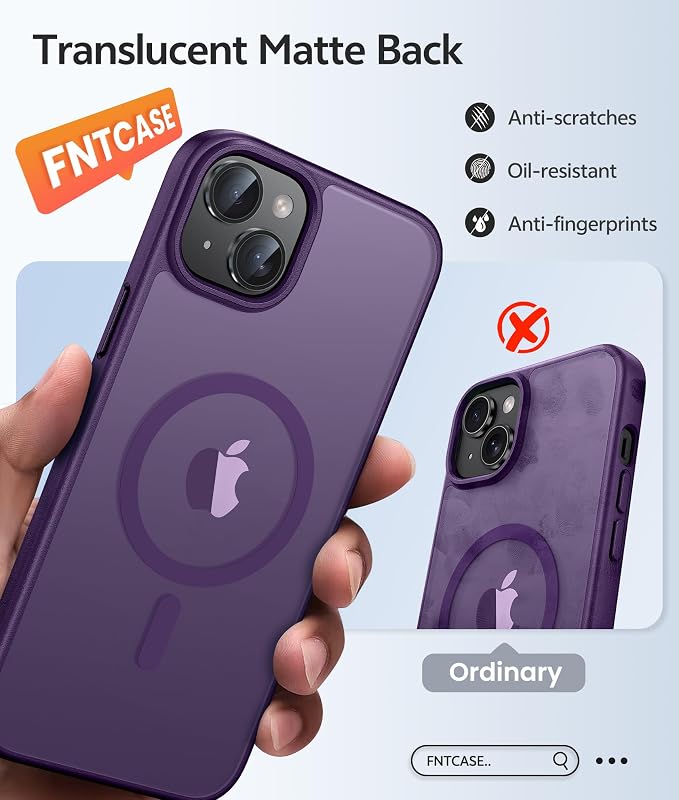 FNTCASE for iPhone 15/14 Plus Case, Fit for Magsafe, Screen Protector | Translucent Matte Magnetic Back, 14FT Military Grade Drop Protection, Shockproof Protective Phone Cover, Purple - Image 6