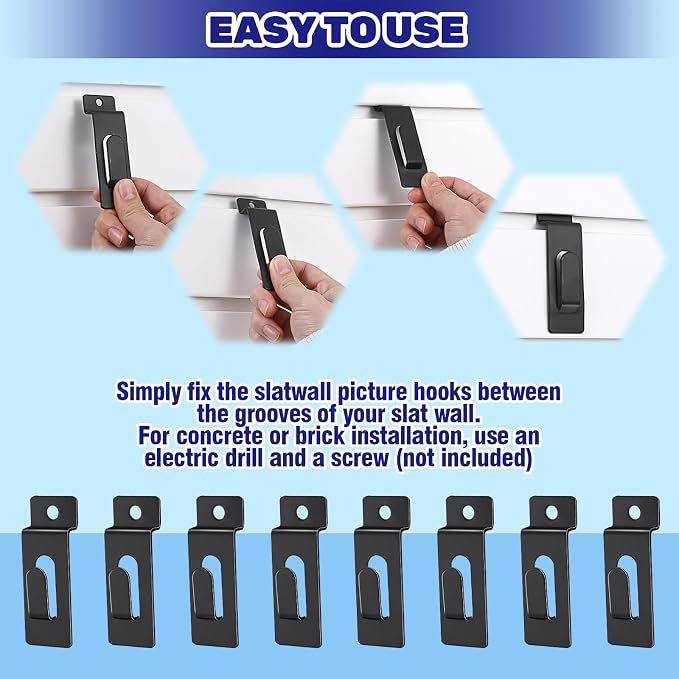 30Pcs Slatwall Utility Notch Hooks, Slat Wall Picture Display Hooks Hanger Panel Shelf Pegboard Slatwall Accessories for Photo Frame Painting Arts Hanging Home Office (Black) - Image 4