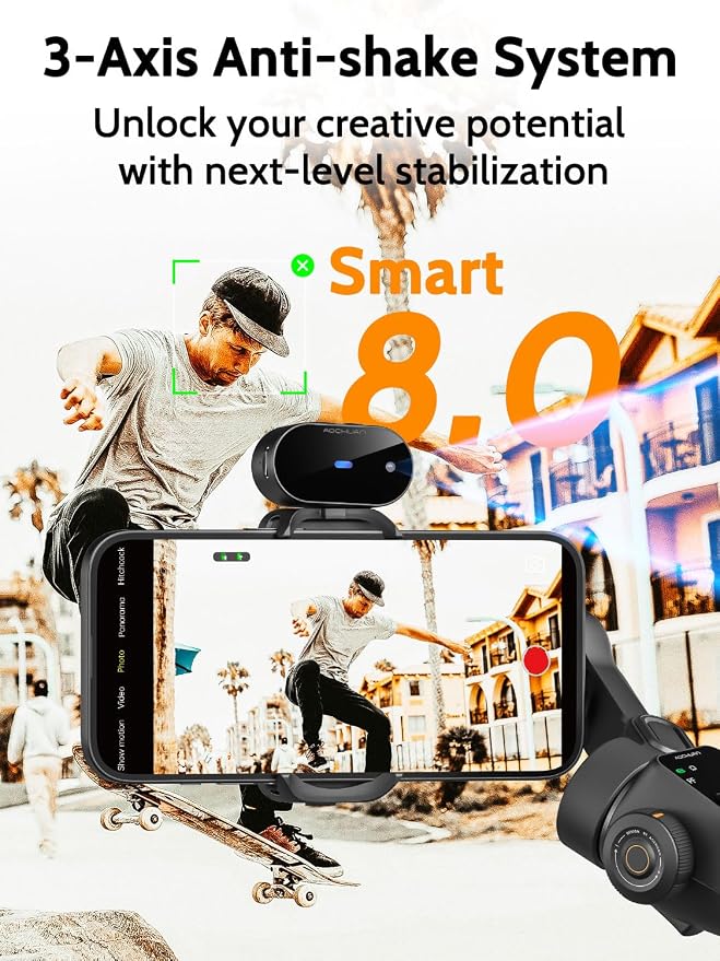 AOCHUAN Gimbal Stabilizer for iPhone with AI Module, No APP(Smart V8 AI) | Phone Gimbal with Face Tracking, Built-in 7.8 Ft Extension Rod, Ideal for Tiktok, and Hands-Free Content Creation(Black) - Image 3