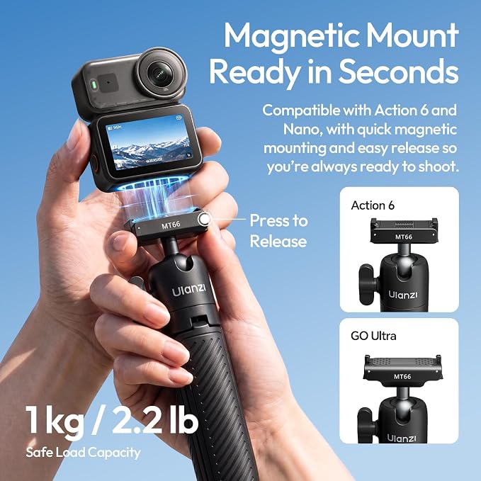 ULANZI MT66 3-in-1 Quick Release Tripod for DJI Action 6/Nano/Xtra Atto | 3-in-1 Tripod Selfie Stick & Backpack Mount | Instant Magnetic Quick Release | 360° Ball Head | Portable 3.8oz Pocket Size - Image 4