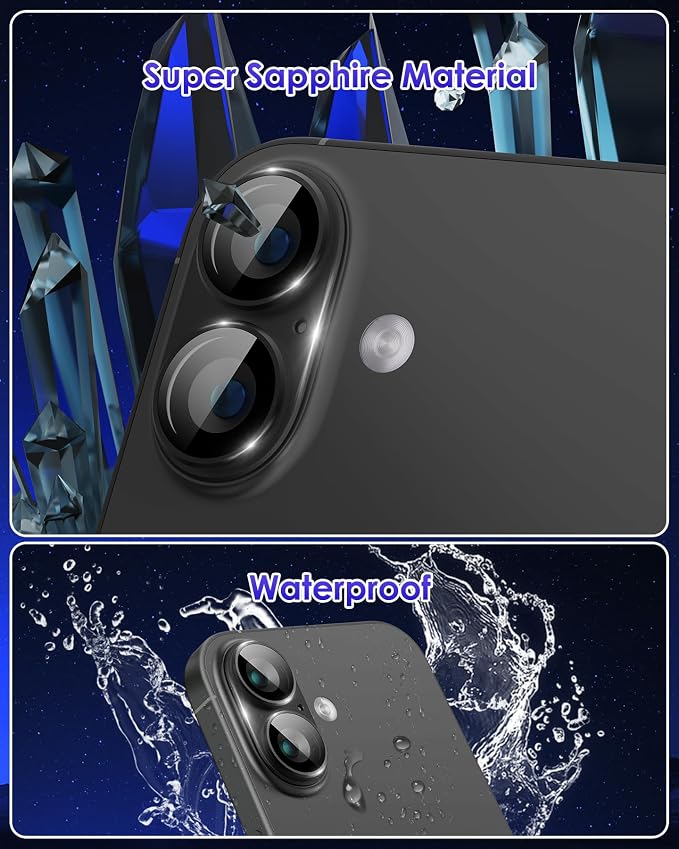 Compatible for iPhone 17 /iPhone 16 /iPhone 16 Plus Camera Lens Protector Metal Plus Aluminium Alloy Ring 9H Tempered Glass Screen Case Friendly Camera Cover Black - Image 5