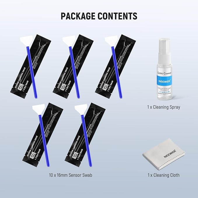NEEWER 12 in 1 Camera Lens Cleaning Kit for DSLR Cameras, Electronics, Phones, Tablets, 10x Cleaning Swab for 16mm APS-C Sensor + 1x Cleaner Spray + 1x Cloth, HM-47 - Image 9