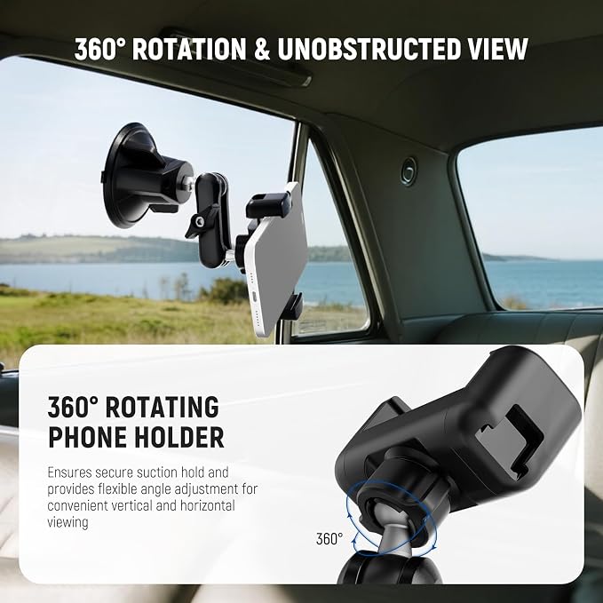 NEEWER Phone Holder for Your Car, 360° Rotating Vacuum Suction Cup Metal Cell Phone Mount Magic Arm Compatible with iPhone Samsung for UTV Windshield Skylight Glass Navigation Video Recording, PA136 - Image 2