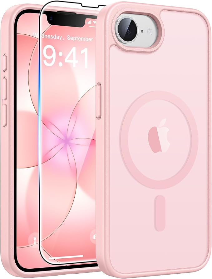 FNTCASE for iPhone 17e/ iPhone 16e Case, Fit for Magsafe, Screen Protector | Translucent Matte Magnetic Back, 14FT Military Grade Drop Protection, Shockproof Protective Phone Cover, Light Pink by FNTCASE